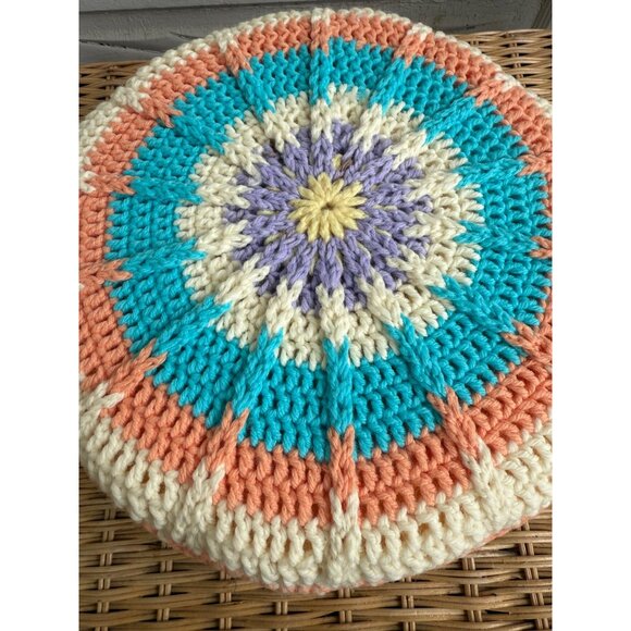 Vintage 70's Round Groovy Crochet Accent Pillow 12" Pastels - Picture 5 of 8